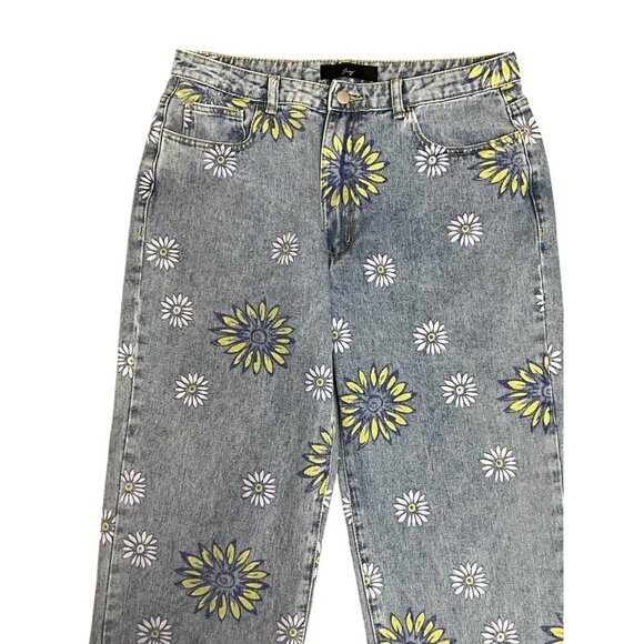 Juny Jeans Women's Size M Blue Denim Straight Leg Floral Boho Sunflower Casual - Picture 3 of 16